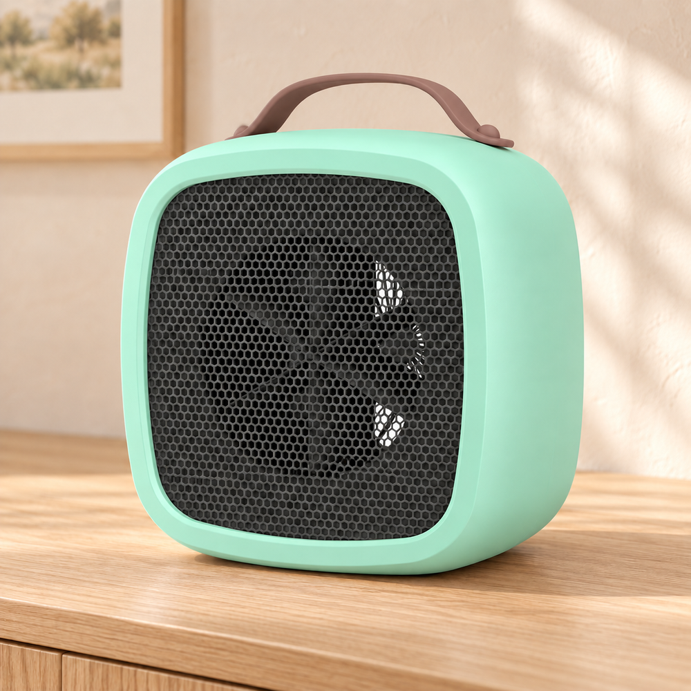 Green portable desktop heater with a brown carry strap