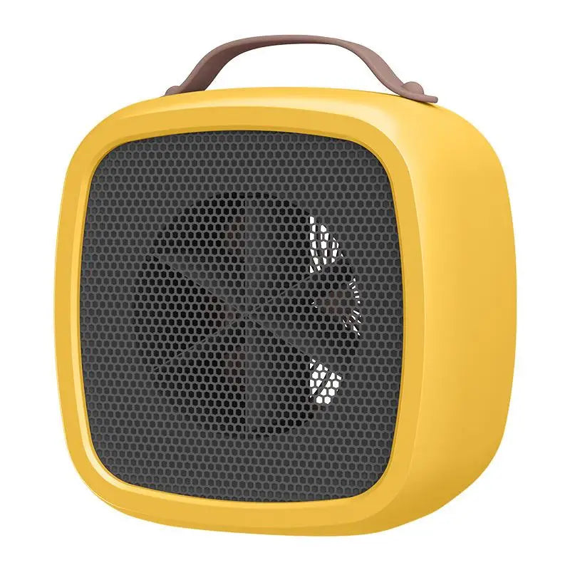 Yellow portable desktop heater with a brown carry strap