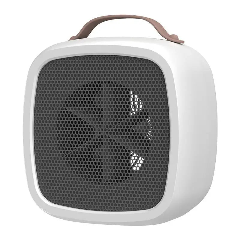 White portable desktop heater with a brown carry strap