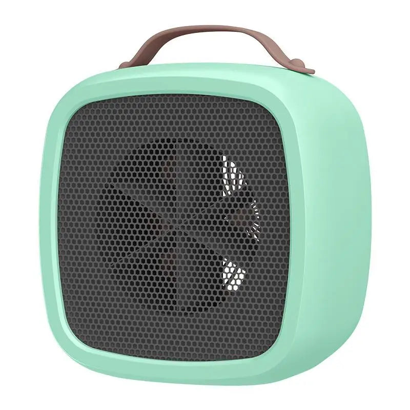 Green portable desktop heater with a brown carry strap