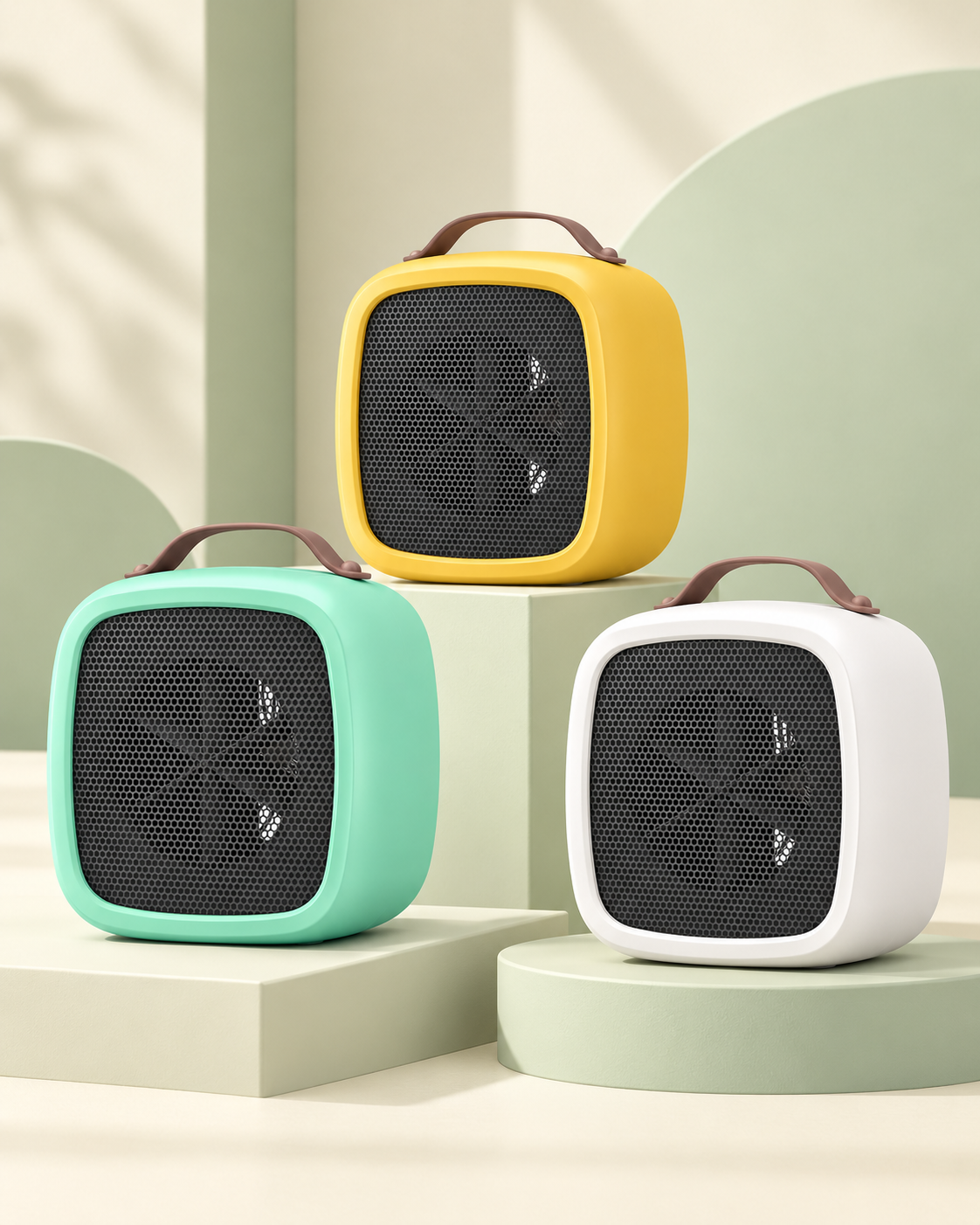 Yellow, green and white desktop heaters on cream and sage studio plinths