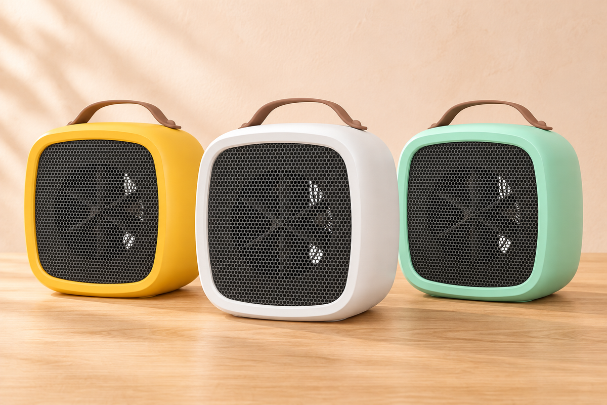 Yellow, white and mint green desktop heaters on a pale oak surface against peach plaster