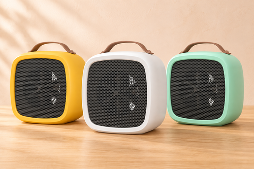 Yellow, white and mint green desktop heaters on a pale oak surface against peach plaster