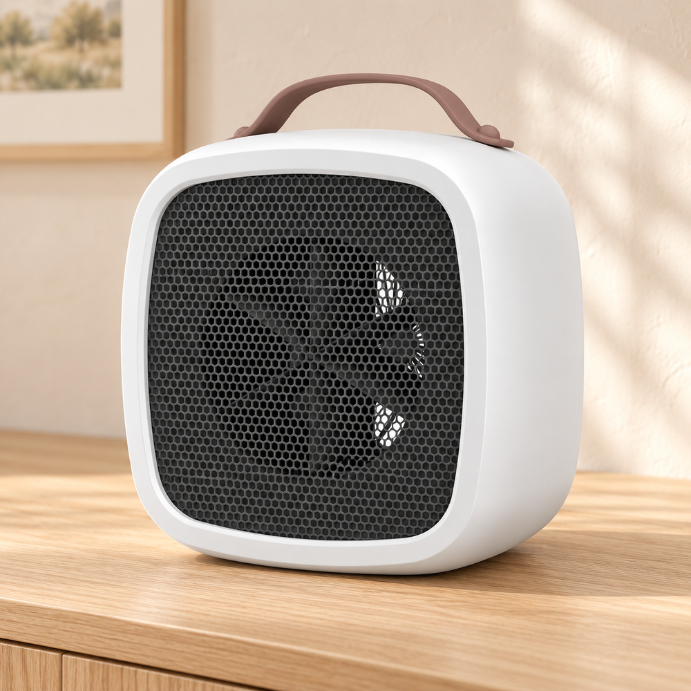 White portable desktop heater with a brown carry strap